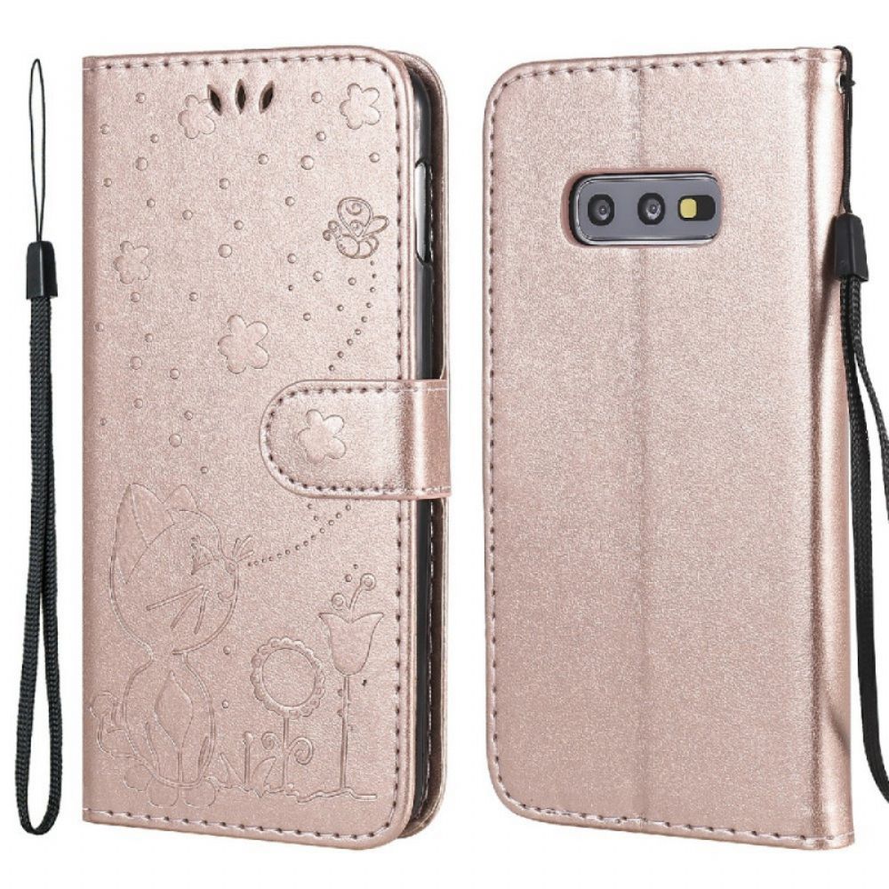 Leren Hoesje voor Samsung Galaxy S10e Met Ketting Kat En Bij Met Riem