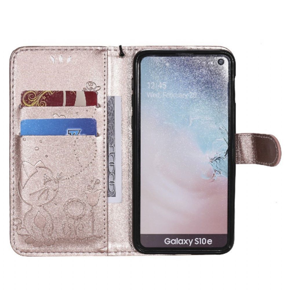 Leren Hoesje voor Samsung Galaxy S10e Met Ketting Kat En Bij Met Riem