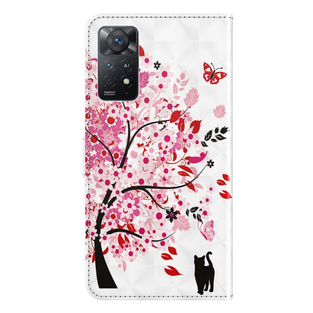 Folio-hoesje voor Xiaomi Redmi Note 11 Pro 4G / 5G Roze Boom En Zwarte Kat