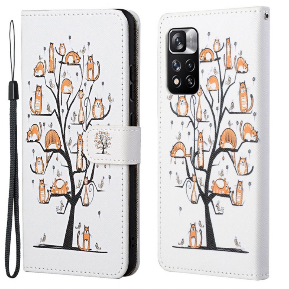 Leren Hoesje voor Xiaomi Redmi Note 11 Pro 4G / 5G Met Ketting Funky Katten Met Riem