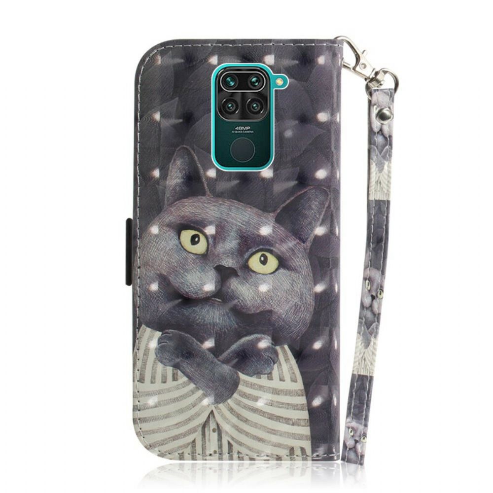 Leren Hoesje voor Xiaomi Redmi Note 9 Met Ketting Grijze Kat Met Bandjes