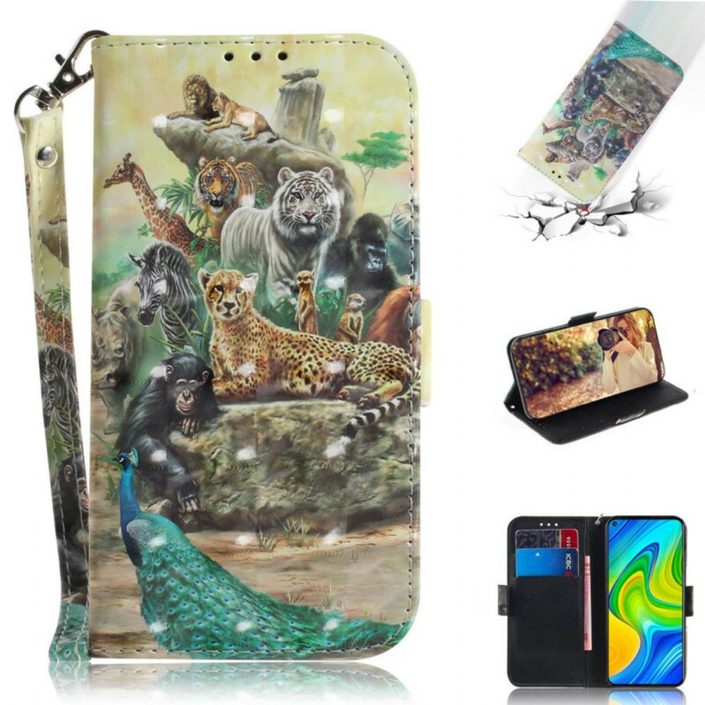 Leren Hoesje voor Xiaomi Redmi Note 9 Met Ketting Thong Safari Dieren