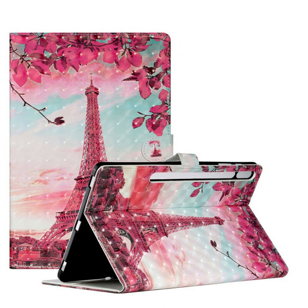 Leren Hoesje voor Samsung Galaxy Tab S7 Plus / Tab S8 Plus Bloemen Eiffeltoren