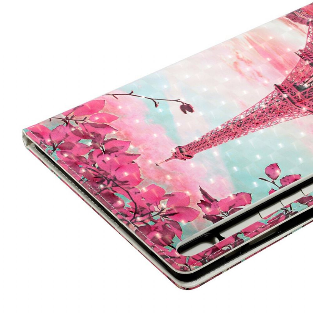 Leren Hoesje voor Samsung Galaxy Tab S7 Plus / Tab S8 Plus Bloemen Eiffeltoren