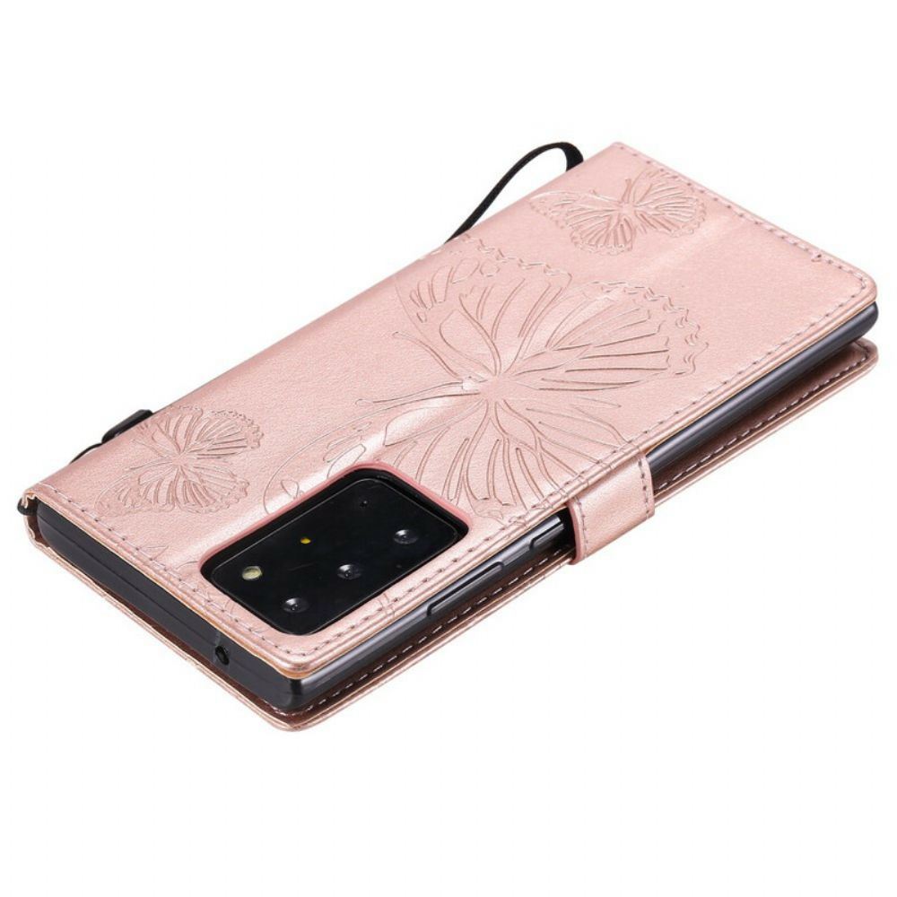 Flip Case voor Samsung Galaxy Note 20 Ultra Met Ketting Reuzenvlinders Met Bandjes