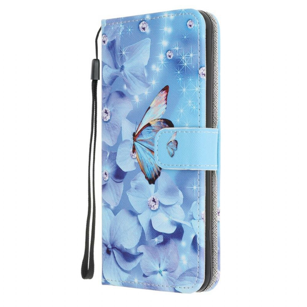 Flip Case voor Huawei P40 Met Ketting Vlinders Met Diamanten Band