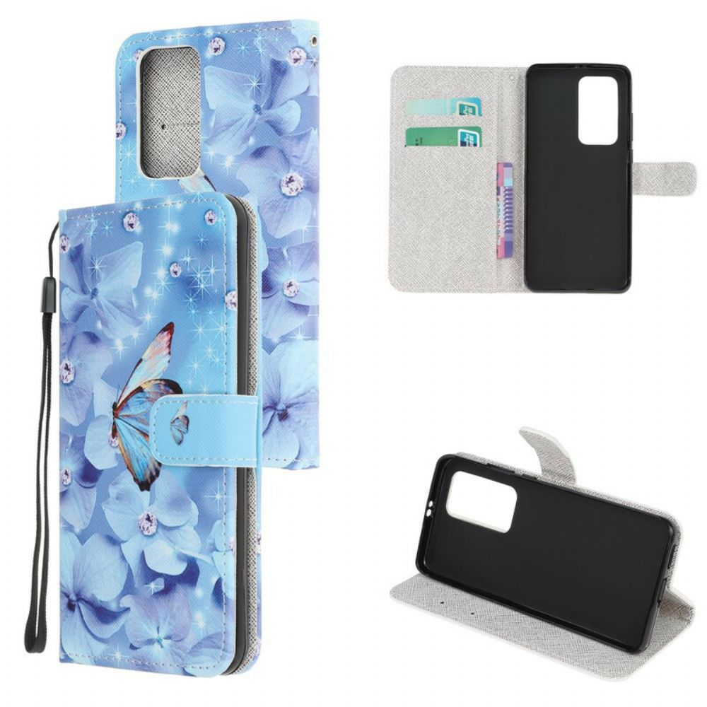 Flip Case voor Huawei P40 Met Ketting Vlinders Met Diamanten Band