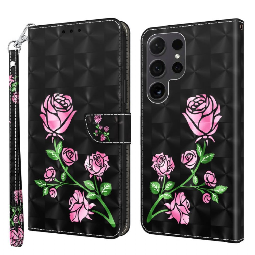 Bescherming Hoesje Samsung Galaxy S24 Ultra 5g Rozenbloemen Met Riempje