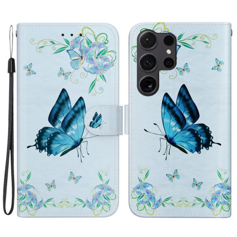 Folio-hoesje Samsung Galaxy S24 Ultra 5g Telefoonhoesje Blauwe Vlinder En Bloem Met Riempje