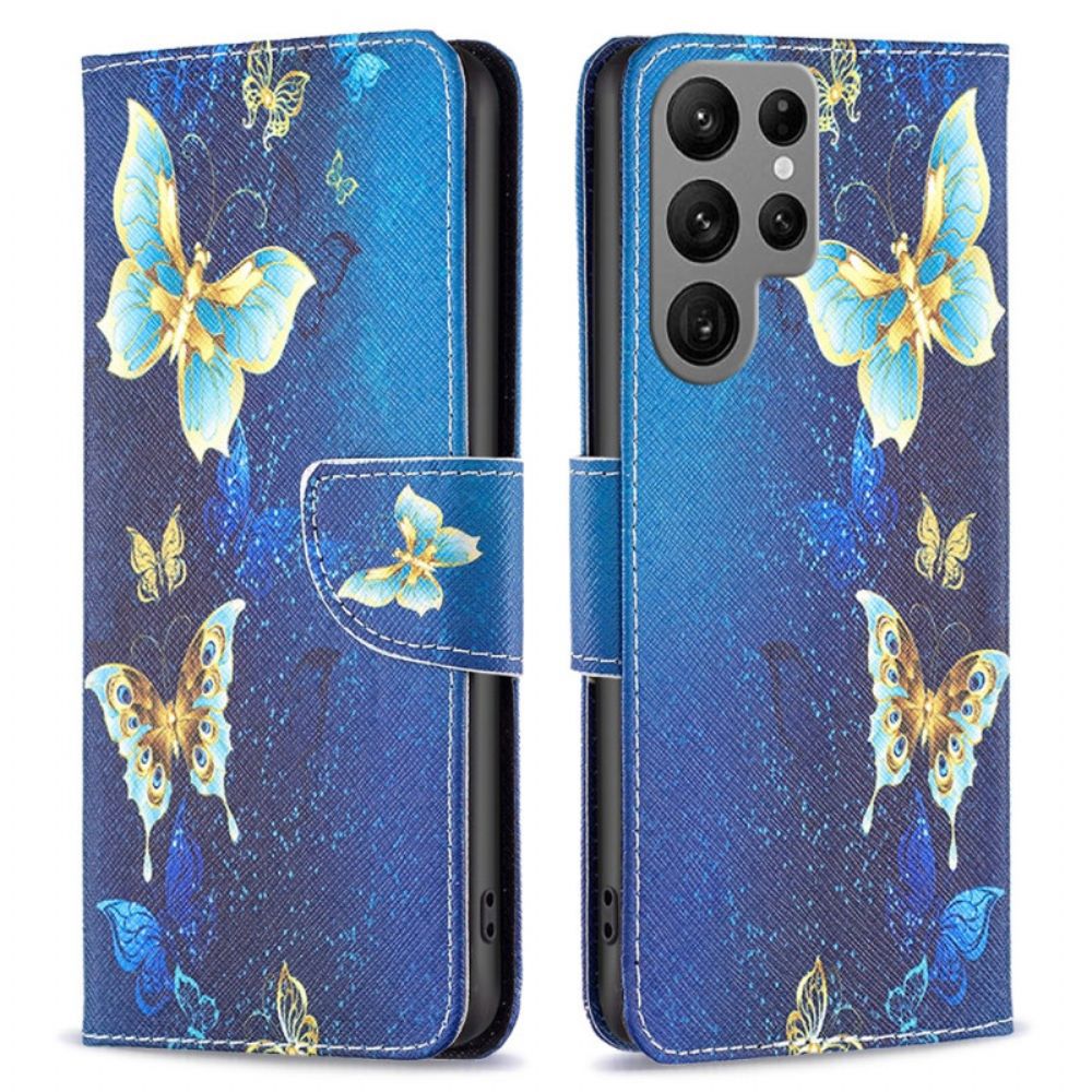 Folio-hoesje Samsung Galaxy S24 Ultra 5g Telefoonhoesje Gouden Vlinders Op Blauwe Achtergrond