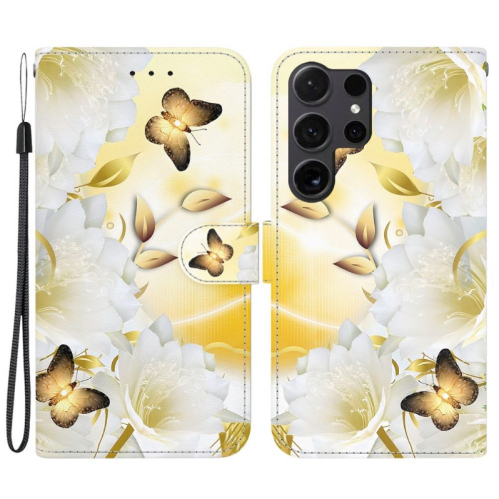 Folio-hoesje Samsung Galaxy S24 Ultra 5g Telefoonhoesje Gouden Vlinders En Witte Bloemen Met Riempje