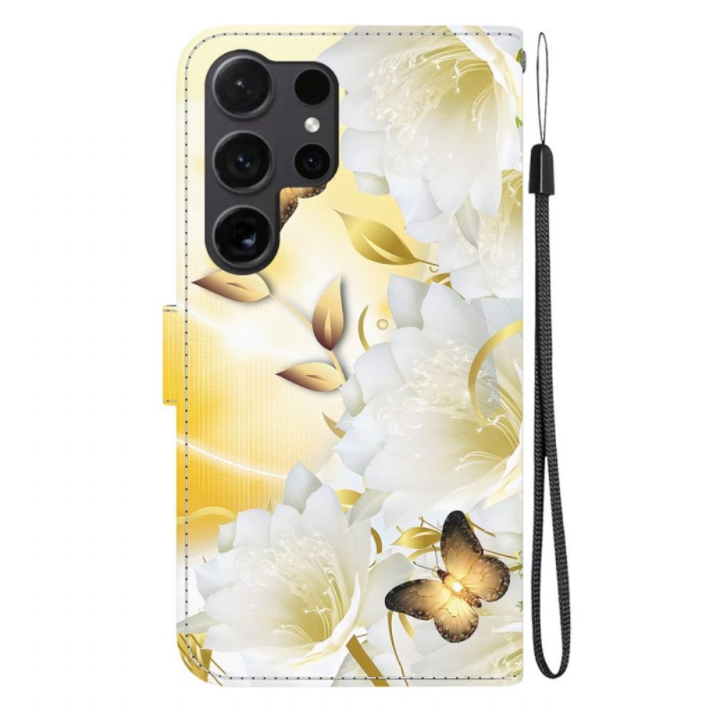 Folio-hoesje Samsung Galaxy S24 Ultra 5g Telefoonhoesje Gouden Vlinders En Witte Bloemen Met Riempje