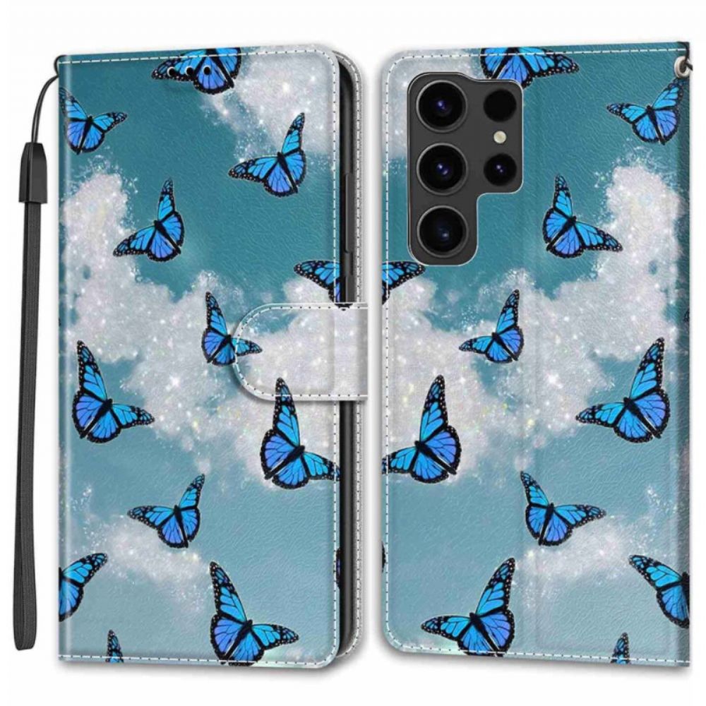 Folio-hoesje Samsung Galaxy S24 Ultra 5g Telefoonhoesje Witte Wolken En Blauwe Vlinders Met Riem