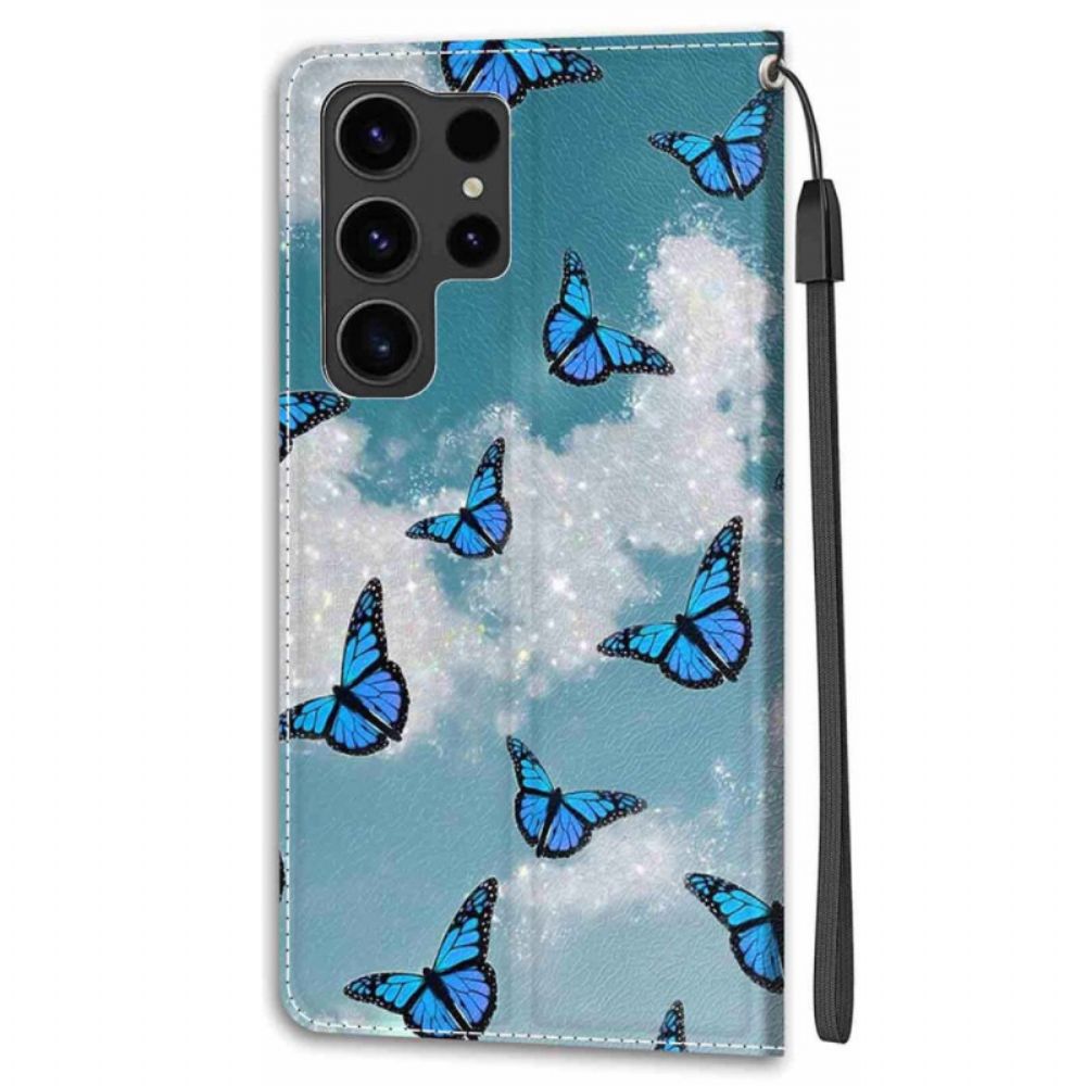 Folio-hoesje Samsung Galaxy S24 Ultra 5g Telefoonhoesje Witte Wolken En Blauwe Vlinders Met Riem