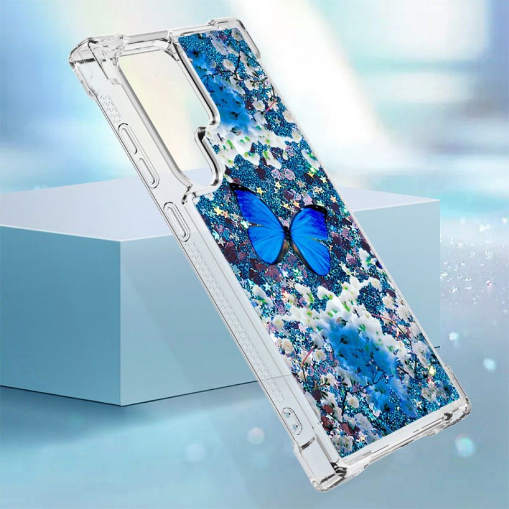 Hoesje Samsung Galaxy S24 Ultra 5g Blauwe Vlinderglitter Bescherming Hoesje