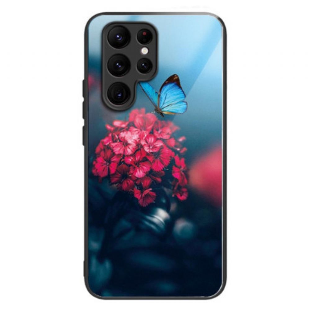 Hoesje Voor Samsung Galaxy S24 Ultra 5g Bloemen En Vlinders Van Gehard Glas