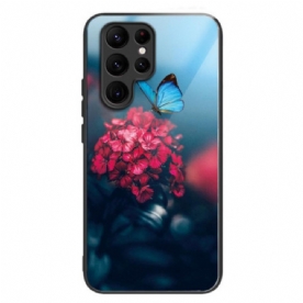 Hoesje Voor Samsung Galaxy S24 Ultra 5g Bloemen En Vlinders Van Gehard Glas