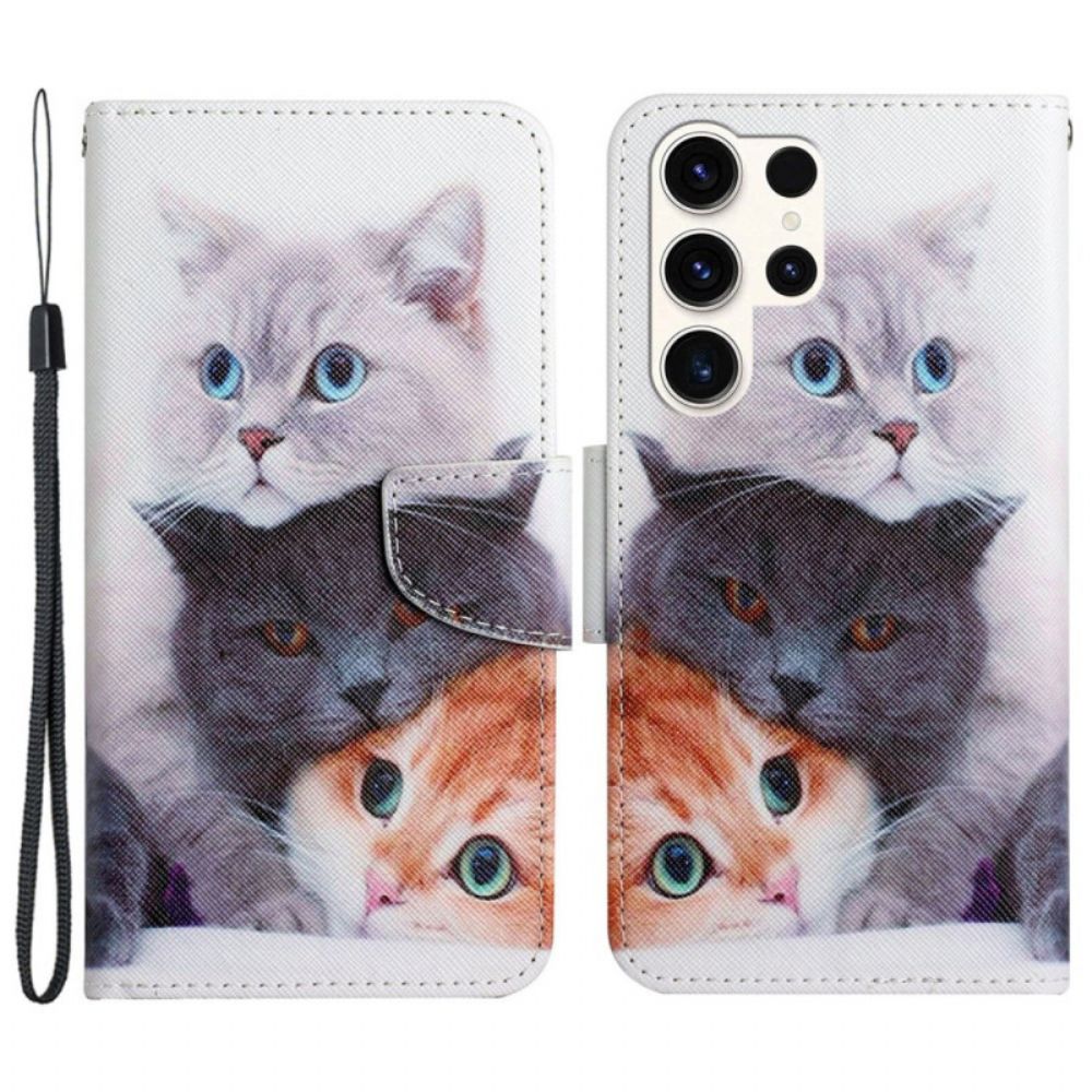 Leren Hoesje Samsung Galaxy S24 Ultra 5g Drie Katten Met Riemen