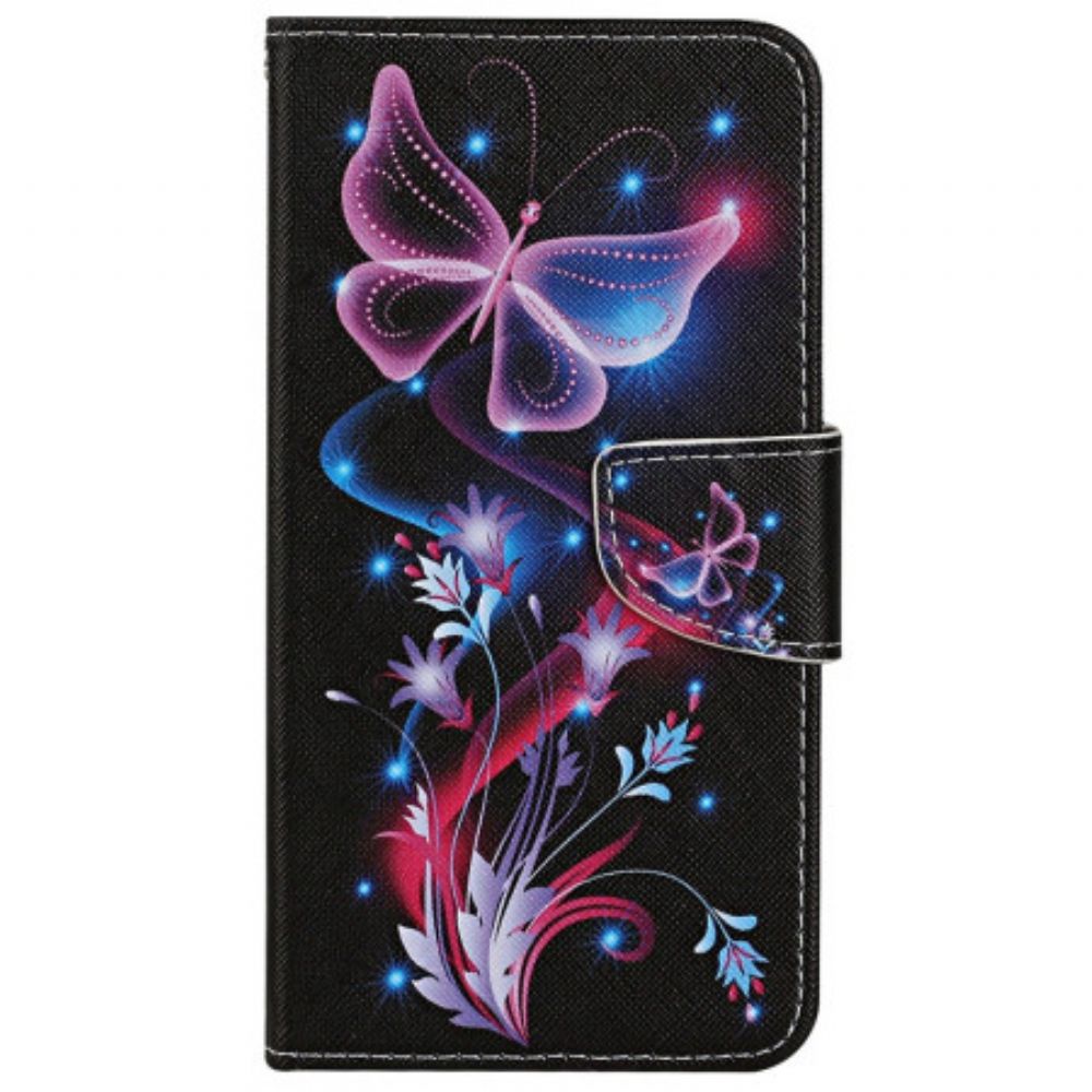 Leren Hoesje Samsung Galaxy S24 Ultra 5g Fluorescerende Vlinders Met Riempje Bescherming Hoesje