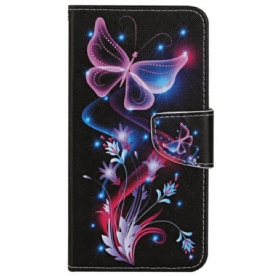 Leren Hoesje Samsung Galaxy S24 Ultra 5g Fluorescerende Vlinders Met Riempje Bescherming Hoesje