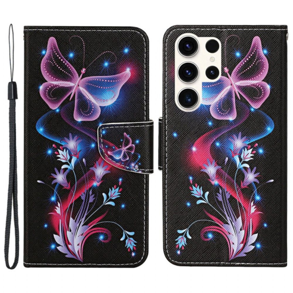 Leren Hoesje Samsung Galaxy S24 Ultra 5g Fluorescerende Vlinders Met Riempje Bescherming Hoesje