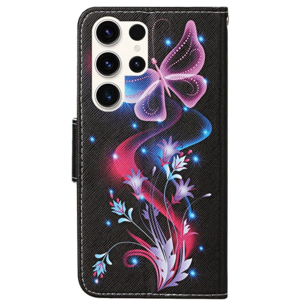 Leren Hoesje Samsung Galaxy S24 Ultra 5g Fluorescerende Vlinders Met Riempje Bescherming Hoesje