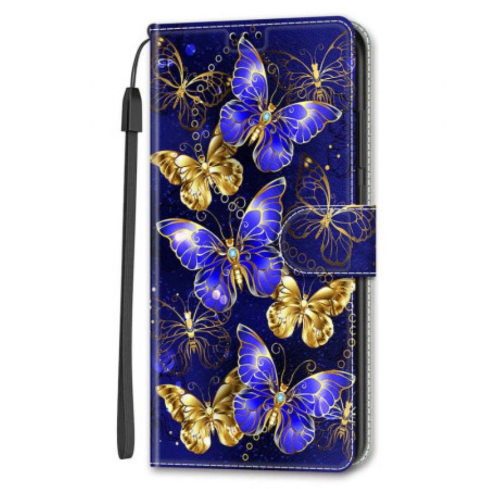 Leren Hoesje Samsung Galaxy S24 Ultra 5g Gouden En Paarse Vlinders Met Riem Bescherming Hoesje