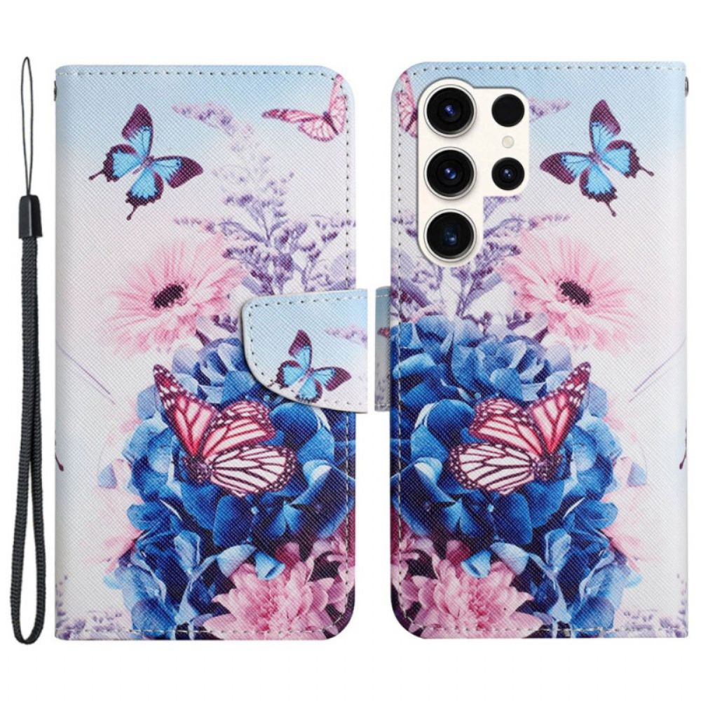 Leren Hoesje Samsung Galaxy S24 Ultra 5g Paarse Vlinders Met Riempje Bescherming Hoesje