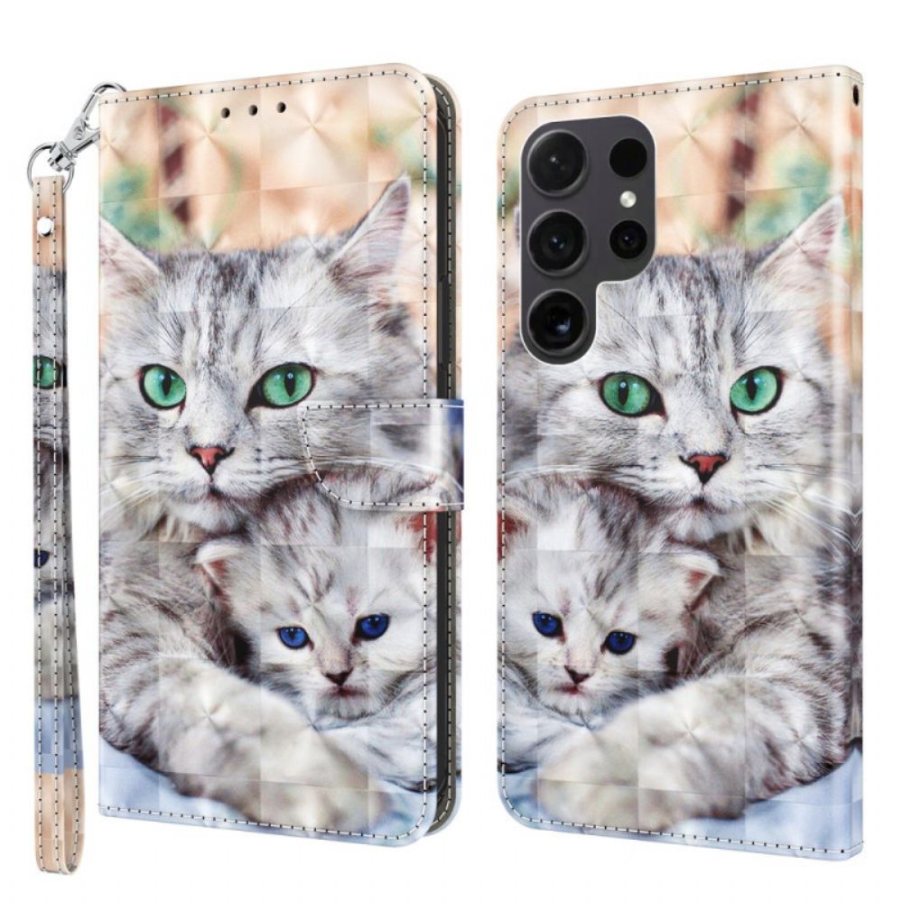 Leren Hoesje Samsung Galaxy S24 Ultra 5g Twee Katten Met Riemen Bescherming Hoesje