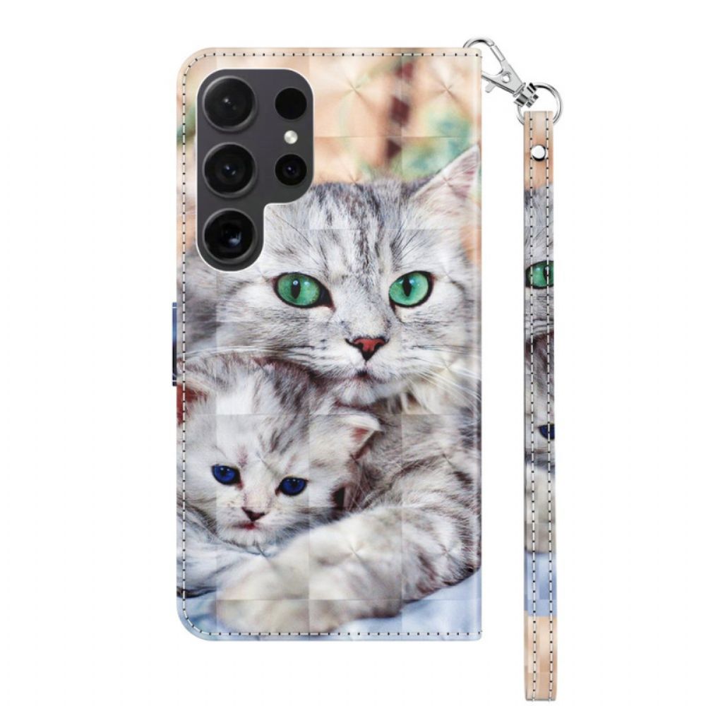 Leren Hoesje Samsung Galaxy S24 Ultra 5g Twee Katten Met Riemen Bescherming Hoesje