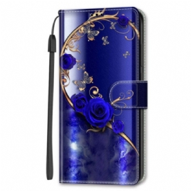 Leren Hoesje Voor Samsung Galaxy S24 Ultra 5g Blauwroze En Gouden Vlinders Met Riem