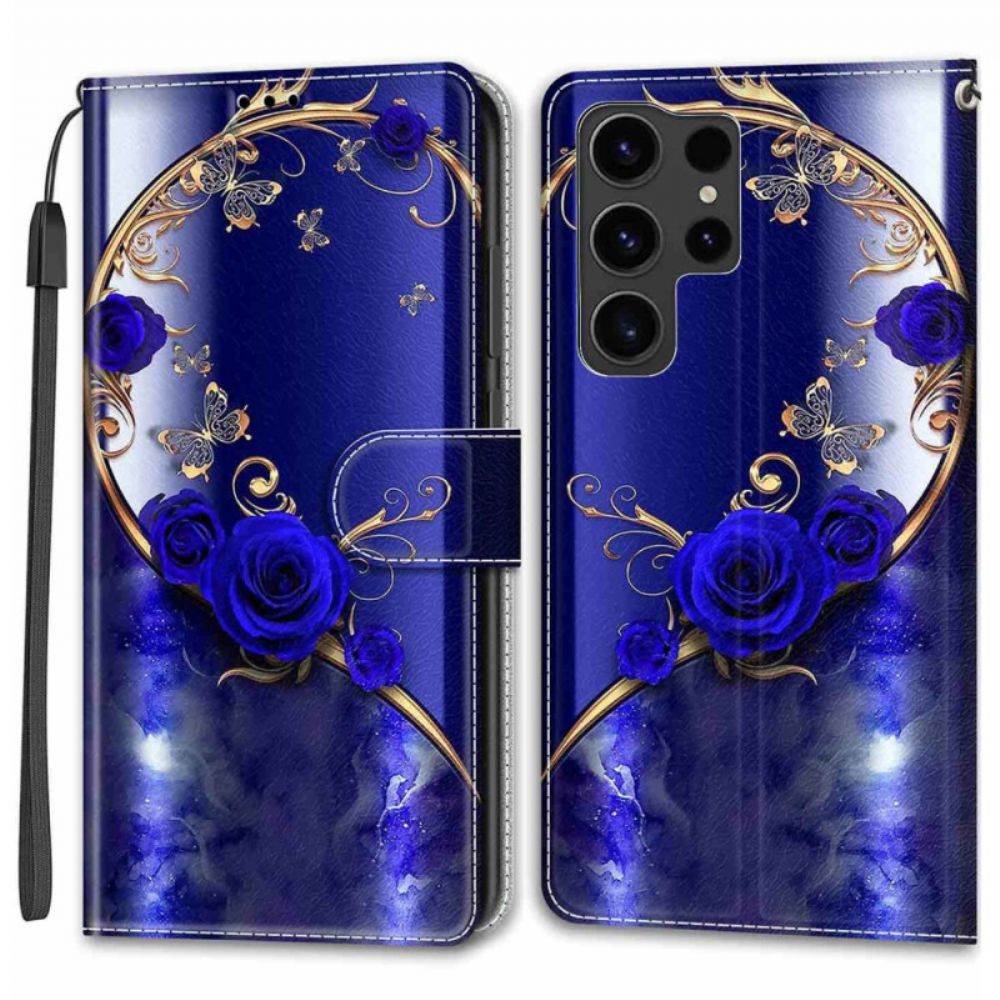 Leren Hoesje Voor Samsung Galaxy S24 Ultra 5g Blauwroze En Gouden Vlinders Met Riem