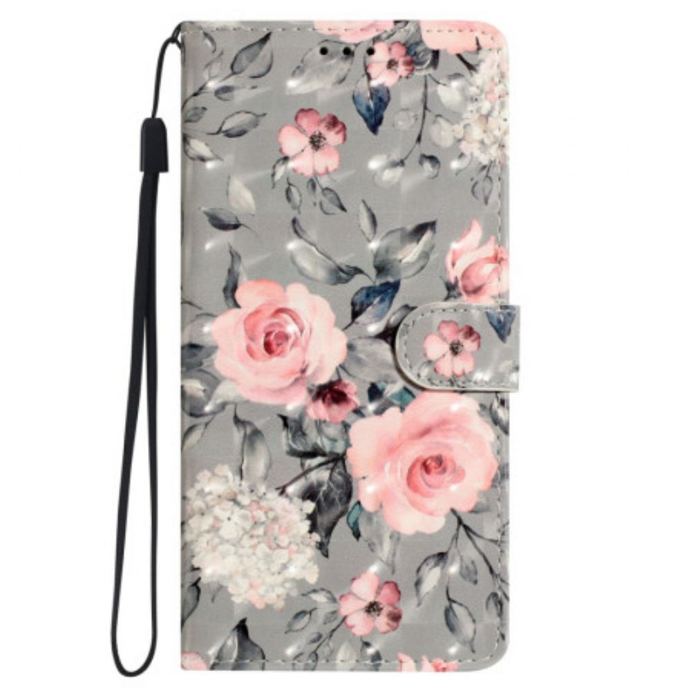 Leren Hoesje Voor Samsung Galaxy S24 Ultra 5g Bloemen Met Riempje