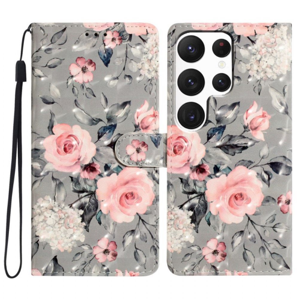 Leren Hoesje Voor Samsung Galaxy S24 Ultra 5g Bloemen Met Riempje