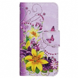 Leren Hoesje Voor Samsung Galaxy S24 Ultra 5g Gele Bloemen En Vlinders Met Riempje