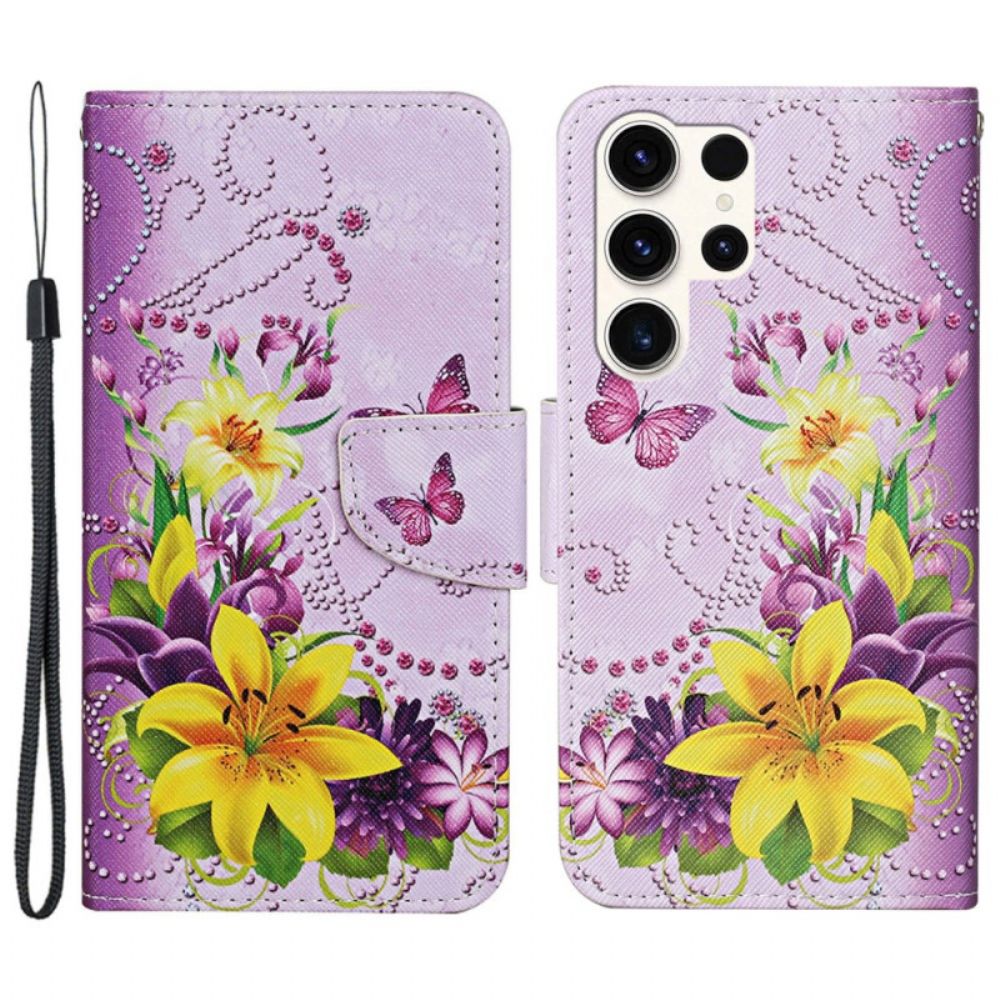 Leren Hoesje Voor Samsung Galaxy S24 Ultra 5g Gele Bloemen En Vlinders Met Riempje