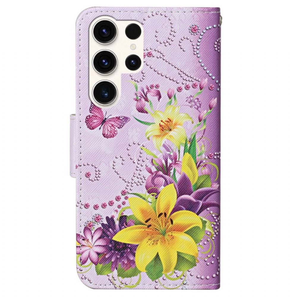 Leren Hoesje Voor Samsung Galaxy S24 Ultra 5g Gele Bloemen En Vlinders Met Riempje