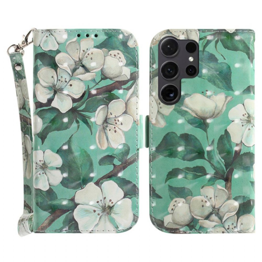 Leren Hoesje Voor Samsung Galaxy S24 Ultra 5g Met Witte Bloemen Met Riempje