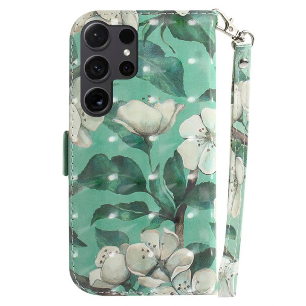 Leren Hoesje Voor Samsung Galaxy S24 Ultra 5g Met Witte Bloemen Met Riempje