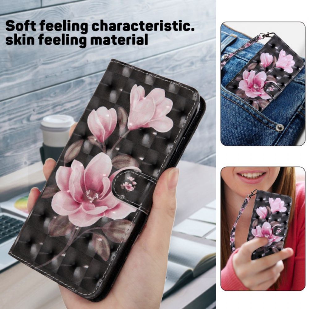 Leren Hoesje Voor Samsung Galaxy S24 Ultra 5g Roze Bloemen Op Zwarte Achtergrond Met Riempje