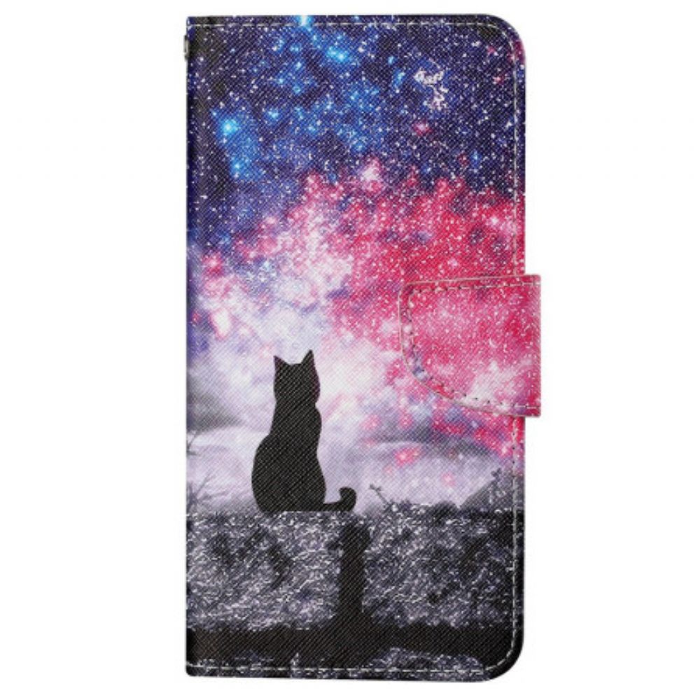 Leren Hoesje Voor Samsung Galaxy S24 Ultra 5g Sterrenhemel En Draagkoord Cat