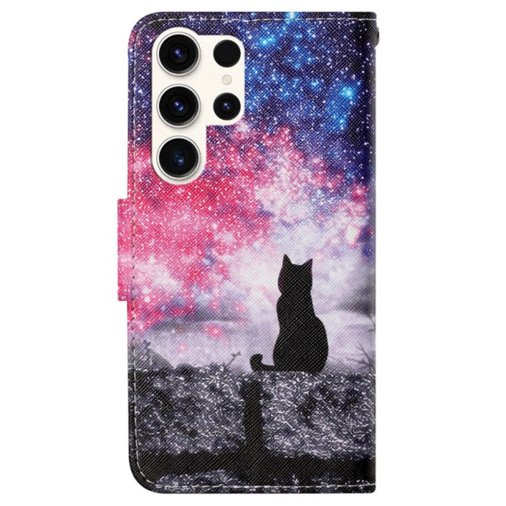 Leren Hoesje Voor Samsung Galaxy S24 Ultra 5g Sterrenhemel En Draagkoord Cat