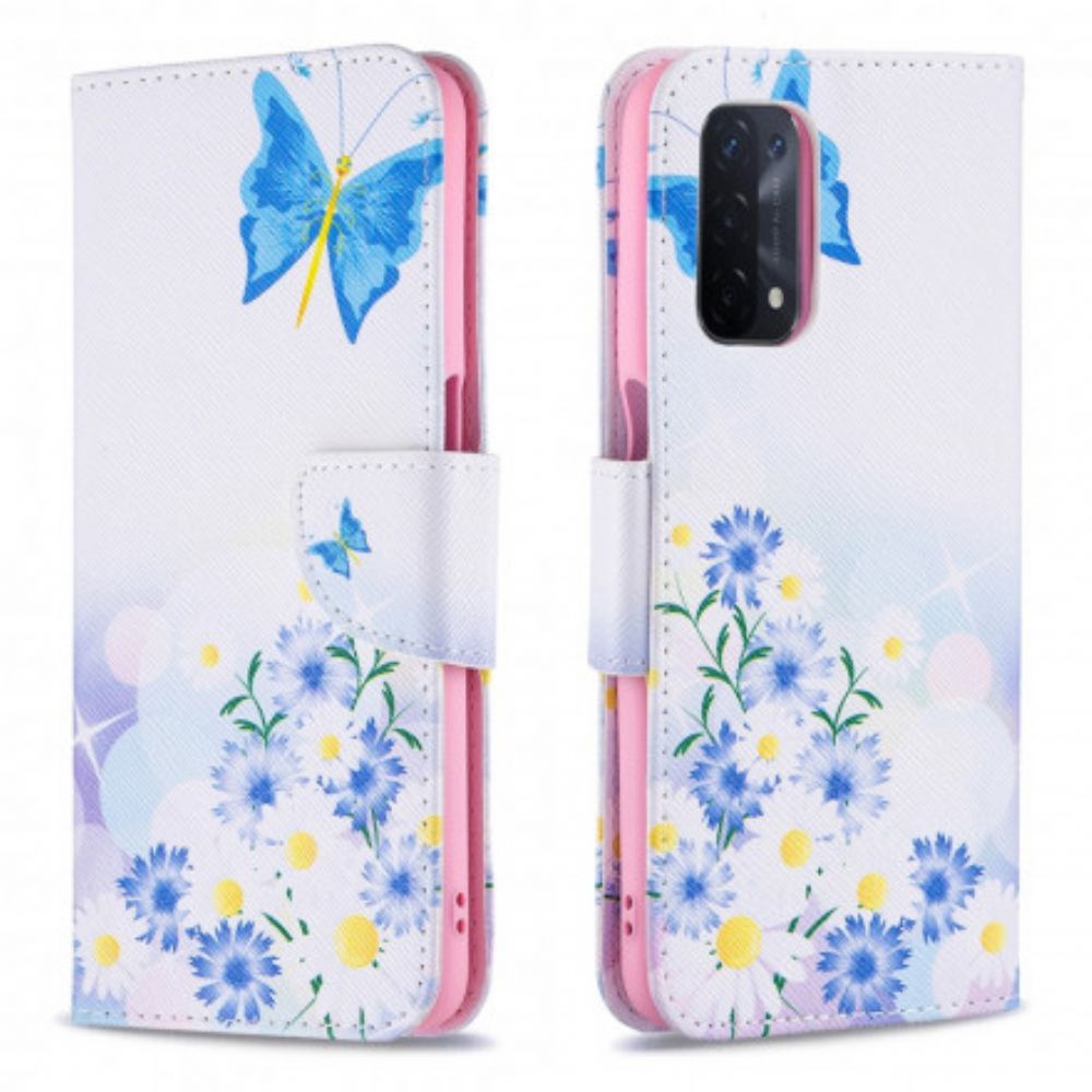 Folio-hoesje voor Oppo A54 5G / A74 5G Geschilderde Vlinders En Bloemen