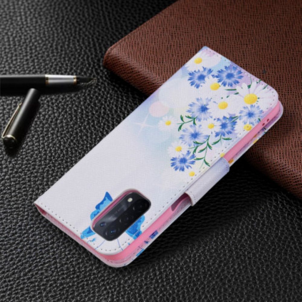 Folio-hoesje voor Oppo A54 5G / A74 5G Geschilderde Vlinders En Bloemen