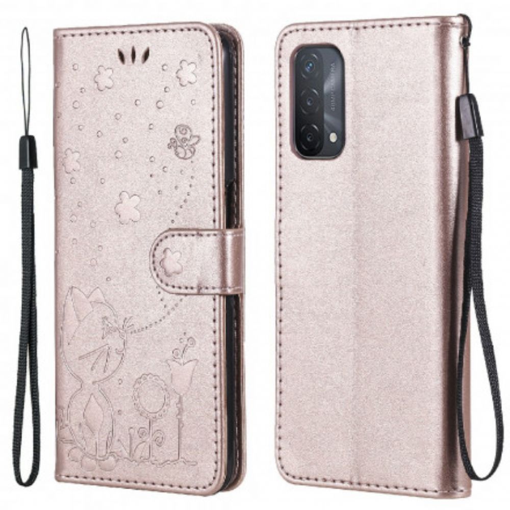 Folio-hoesje voor Oppo A54 5G / A74 5G Met Ketting Thong Kat En Bij