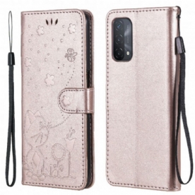 Folio-hoesje voor Oppo A54 5G / A74 5G Met Ketting Thong Kat En Bij