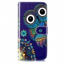 Flip Case Leren Samsung Galaxy S24 Plus 5g Blauwe Uil Met Riem