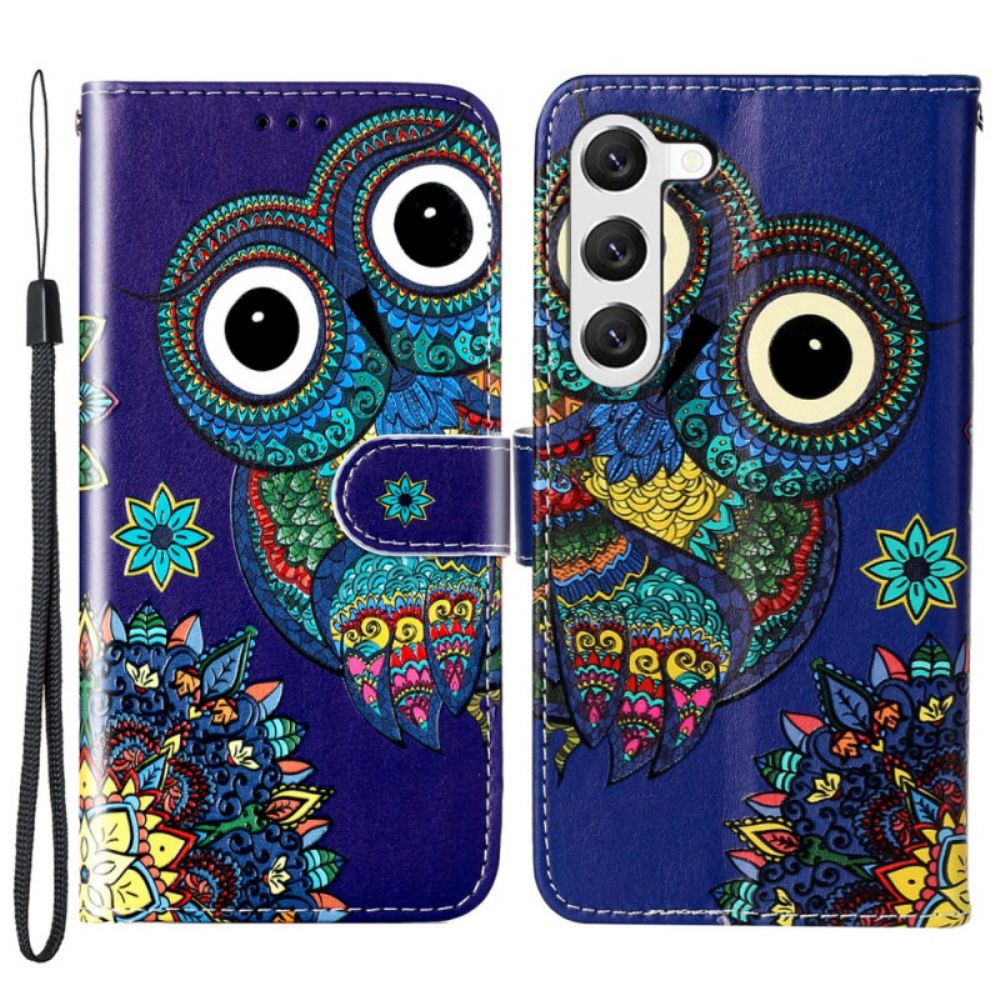 Flip Case Leren Samsung Galaxy S24 Plus 5g Blauwe Uil Met Riem