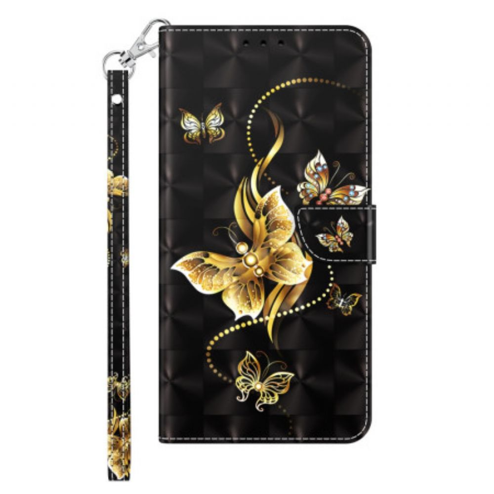 Flip Case Leren Samsung Galaxy S24 Plus 5g Gouden Vlinders Met Riem