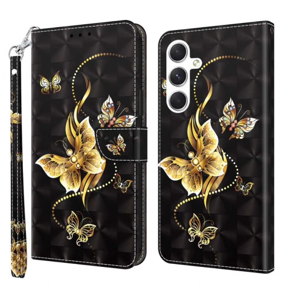 Flip Case Leren Samsung Galaxy S24 Plus 5g Gouden Vlinders Met Riem